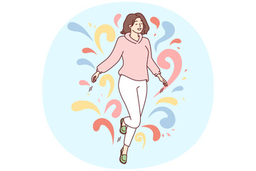 Obraz na płótnie Canvas Woman walks in weightlessness and waves arms located among multi-colored drops flying in different directions. Carefree girl feels happy after dating or taking antidepressants. Flat vector design