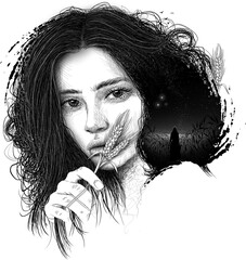 Hand drawn portrait of a woman on the theme of wandering