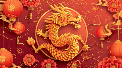 Obraz premium Happy chinese new year 2024 the dragon zodiac sign with flower,lantern,asian elements gold paper cut style on color background