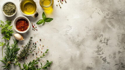 Herbs and condiments on light stone background. Top view with copy space - obrazy, fototapety, plakaty