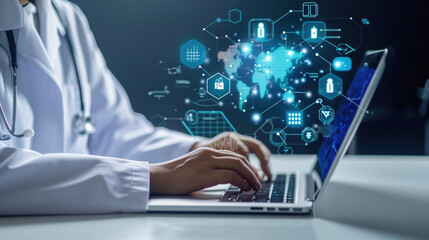 Close up of female doctor working on laptop computer. Medical network concept .