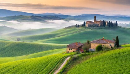 amazing spring landscape with green rolling hills and farm houses in the heart of tuscany in morning haze