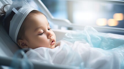 Happy child in white patient gown lying on hospital bed with copy space for text - obrazy, fototapety, plakaty