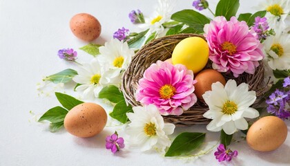 Fototapeta na wymiar flowers and eggs in white backgrund
