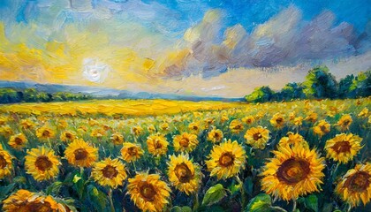 Obraz premium oil painting landscape field of sunflowers