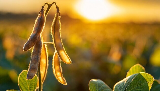 soy pods at field sunset time backlit by sun closeup photo