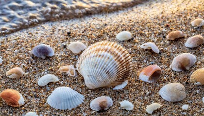 Fototapeta na wymiar seashells in the sand on the seashore as an abstract background texture