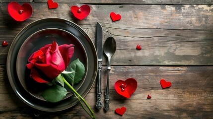 Romantic place setting with red rose and decorative hearts on wooden table, top view. St. Valentine's day dinner