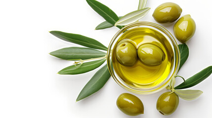Delicious big green olives in an olive oil with leaves, isolated on white background, view from above - obrazy, fototapety, plakaty