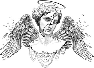 Angel sculpture illustration. Hand drawn digital sketch for t-shirt and tattoo. - 728418457