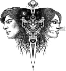 Dagger black white digital illustration, man and woman in love tattoo design. - 728418470
