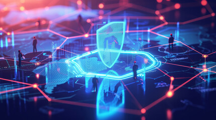 Illustration of a secure user authentication process with a username and password, global network connections in the background, business professionals ensuring data protection