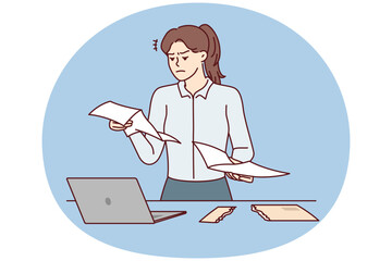 Dissatisfied woman secretary reads paper letter stands near table with laptop. Tense girl in business clothes examines documents sent by tax office with message about fine or debt. Flat vector image