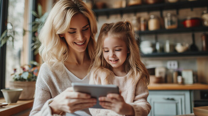 Beautiful mum and cute little daughter reading e-recipes in the kitchen on a tablet and smiling