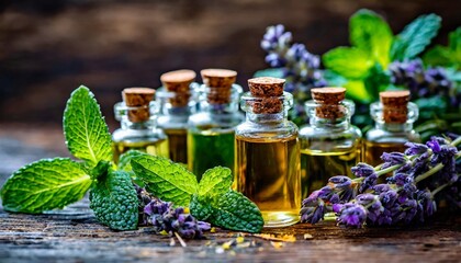 an assortment of essential oil bottles with fresh plants from which they re derived like lavender...