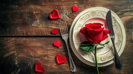 Romantic place setting with red rose and decorative hearts on wooden table, top view. St. Valentine's day dinner