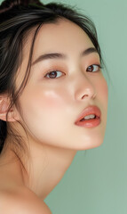 Timeless Korean Beauty: A young woman with flawless skin and a minimalist makeup look embodies natural elegance against a serene green backdrop.
