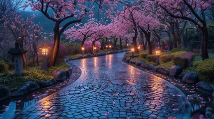 Enchanting cherry blossoms over a cobblestone path in a serene nighttime garden