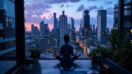 Person meditating on a hotel balcony overlooking a cityscape, atmosphere of tranquility and mindfulness, Tranquil Cityscape Meditation at Twilight
