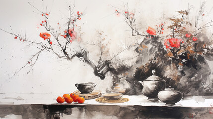 Traditional culture chinese painting still life ink brush paper - obrazy, fototapety, plakaty