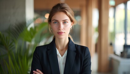 female leader of a young and competent business team standing in a modern office background. A confident manager who oversees financial affairs. generative AI