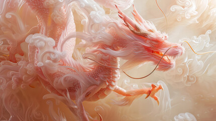 Translucent young pale pink dragon picture desktop wallpaper, white clouds cascading around, gold dust tentacles, gold dust whiskers, ultra-realistic animal style