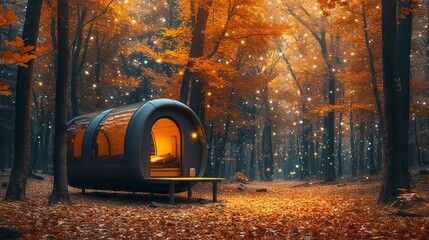 An enchanting bivouac shelter with a transparent roof nestled in an autumnal forest fairy tale - obrazy, fototapety, plakaty