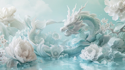 Fototapeta na wymiar A dragon is floating on some water with Peony, in the style of hyperrealistic murals, light aquamarine and white