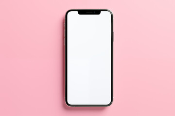 Mobile phone mockup with blank screen isolated on pastel pink background with copy space