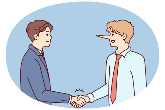 Man with long nose shakes hands with partner in business clothes trying to cheat or make poor-quality deal. Guy with smile deceives colleague, wanting to bypass him on career ladder. Flat vector image