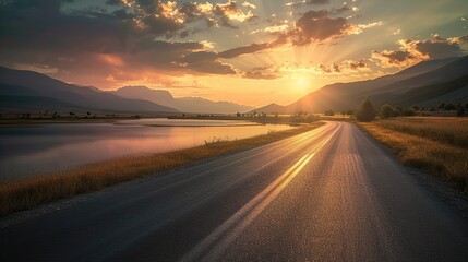 view of road in mountains at sunset