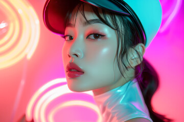 Obraz premium Neon Gaze: A young woman with striking makeup and a futuristic cap poses amidst vibrant neon lights, exuding confidence and urban cool. 