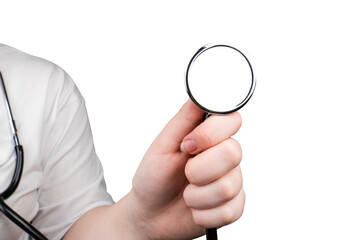 The head of a medical stethoscope in a hand, close-up on a transparent background
