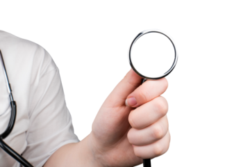 The head of a medical stethoscope in a hand, close-up on a transparent background