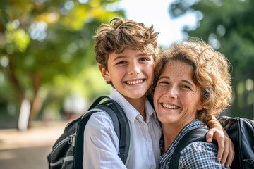Fototapeta premium A Mother's Love: A heartwarming portrait of a mother and her son, both beaming with happiness as they embrace outdoors. A tender moment of affection and closeness. 