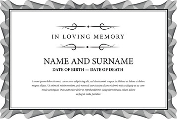 Funeral card. In loving memory of those who are forever in our hearts. Elegant design. Vector illustration. - obrazy, fototapety, plakaty