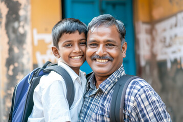 Father's day, a joyful Indian family portrait capturing the bond between parent and child, radiating love and happiness, father dropping off child at school on the opening day of school