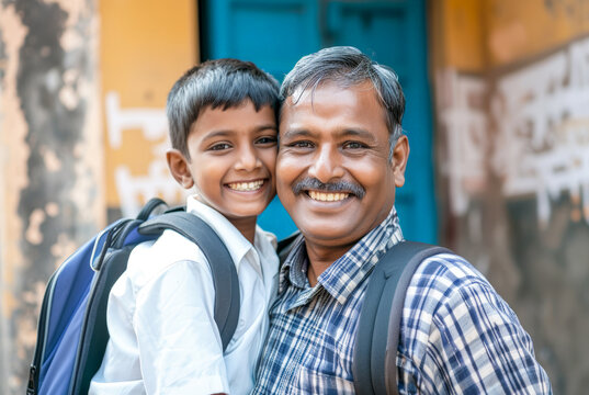 Father's Day, A Joyful Indian Family Portrait Capturing The Bond Between Parent And Child, Radiating Love And Happiness, Father Dropping Off Child At School On The Opening Day Of School