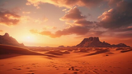 realistic photos of extreme adventures or science expeditions in the rocky desert. Sahara Desert at sunrise. generative ai