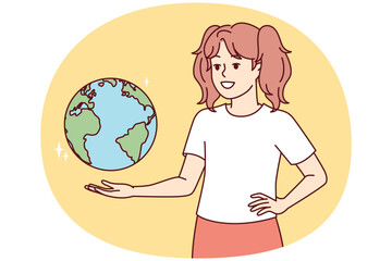 Teenage girl with globe hanging in weightlessness studies geography and location of continents or states. Child from elementary school dreams of traveling to cities of world. Flat vector illustration