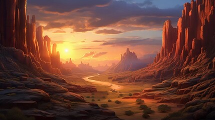 Realistic photo of canyon view in summer. View of the colorful canyon at sunset. generative ai
