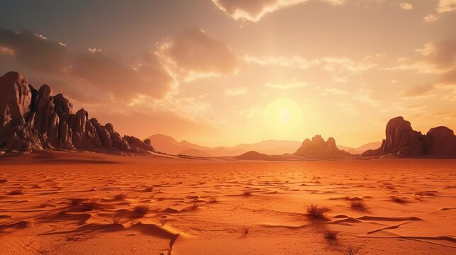 realistic photos of extreme adventures or science expeditions in the rocky desert. Sahara Desert at sunrise. generative ai