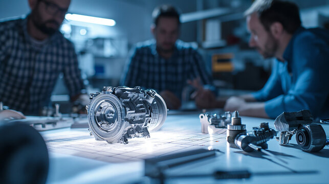 Engineers are meticulously studying mechanical components in a high-tech engineering laboratory.