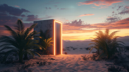 Mysterious doorway in the desert with a radiant twilight sky - obrazy, fototapety, plakaty