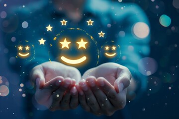 Blessed emoticon verbal expression star ratings. Sociable passionate team communication external client feedback. Managing client reviews. Star emoji happy smileys, positive everlasting smiling symbol - obrazy, fototapety, plakaty
