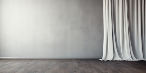 Grey wall with white curtain on wooden floor.