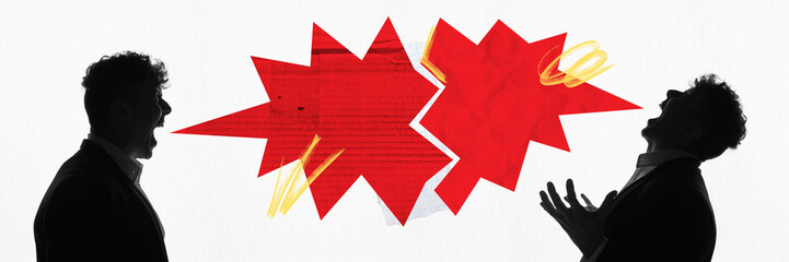 Banner. Contemporary art collage. Silhouettes of two men arguing with red burst speech bubbles....