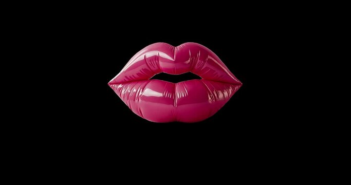 Close-up of female pink latex lips with glitter isolated on black background. The makeup and lip gloss are sexy and glamorous in detai. 4K video. Generative AI
