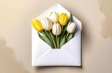 abstract post card flat lay with white and yellow tulips in an envelope over neutral background