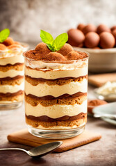Two individual servings of Chocolate Tiramisu displayed in glass cups. Each serving features layers of fluffy mascarpone cream, chocolate cream, coffee-soaked ladyfingers and a dusting of cocoa powder - 728421657
